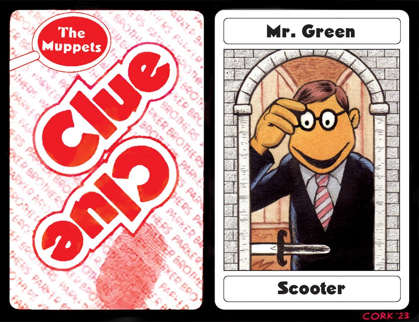 4_fingers adjusting_glasses black_border black_clothing black_jacket black_suit black_topwear border brown_hair card clothing dagger eyewear fingerprint fingers glasses hair jacket looking_down magnifying_glass male mansion melee_weapon necktie noseless orange_body orange_skin parody pattern_necktie playing_card shirt solo striped_necktie suit tabletop_game text topwear weapon white_clothing white_shirt white_topwear window bruce_mccorkindale clue_(film) cluedo hasbro muppets the_muppet_show mr._green scooter_(muppets) humanoid muppet 2023 crossover english_text signature