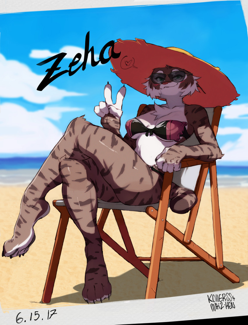 anthro beach bikini breasts chair clothing cloud crossed_legs eyewear female fur furniture gesture hand_gesture outside sand seaside sky smile solo sunglasses swimwear two-piece_swimsuit v_sign kollerss maiz-ken zeha felid feline lynx mammal 2017