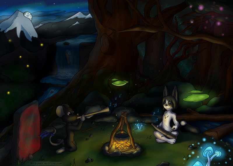 anthro detailed_background duo female fireplace forest glowing jouhikko lure magic male mausie moon notes outside plant tree water waterfall fuzzywuff mythology chelsea_chamberlain ambient_arthropod ambient_firefly ambient_insect arthropod beetle canid canine canis domestic_dog elateroid firefly insect karelian_bear_dog mammal mouse murid murine rodent spitz hi_res