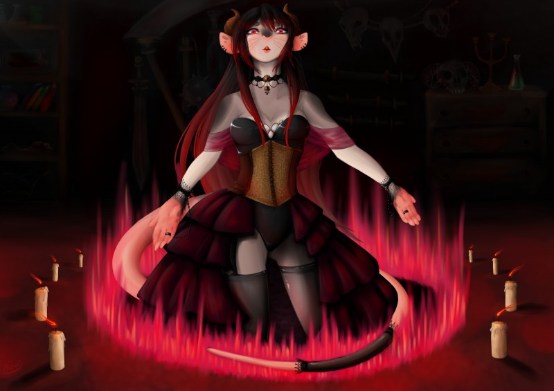 alternative_fashion anthro candle choker clothing corset dress ero_lolita female fire furgonomics gem goth hair horn j-fashion jewelry legwear lingerie lolita_(fashion) necklace solo stockings summoning tail tail_clothing topwear fujiokaaika demon mammal murid murine rat rodent absurd_res hi_res