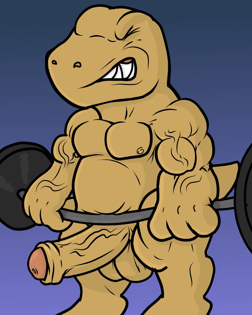 anthro balls erection exercise genitals male muscular muscular_male solo weightlifting weights workout kogo bandai_namco digimon agumon digimon_(species) 4:5 absurd_res hi_res