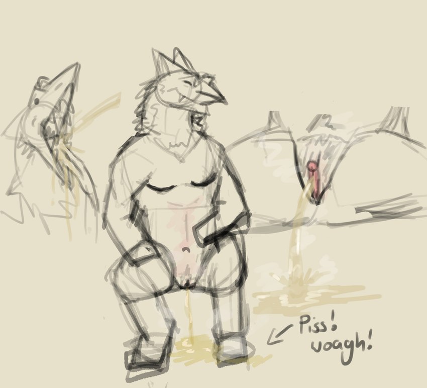 andromorph anthro bodily_fluids drinking drinking_urine front_view genital_fluids genitals intersex nude peeing pubes pussy sitting solo tongue tongue_out urine urine_in_mouth urine_stream watersports chyoden mammal sergal 2025 hi_res sketch trans_(lore)