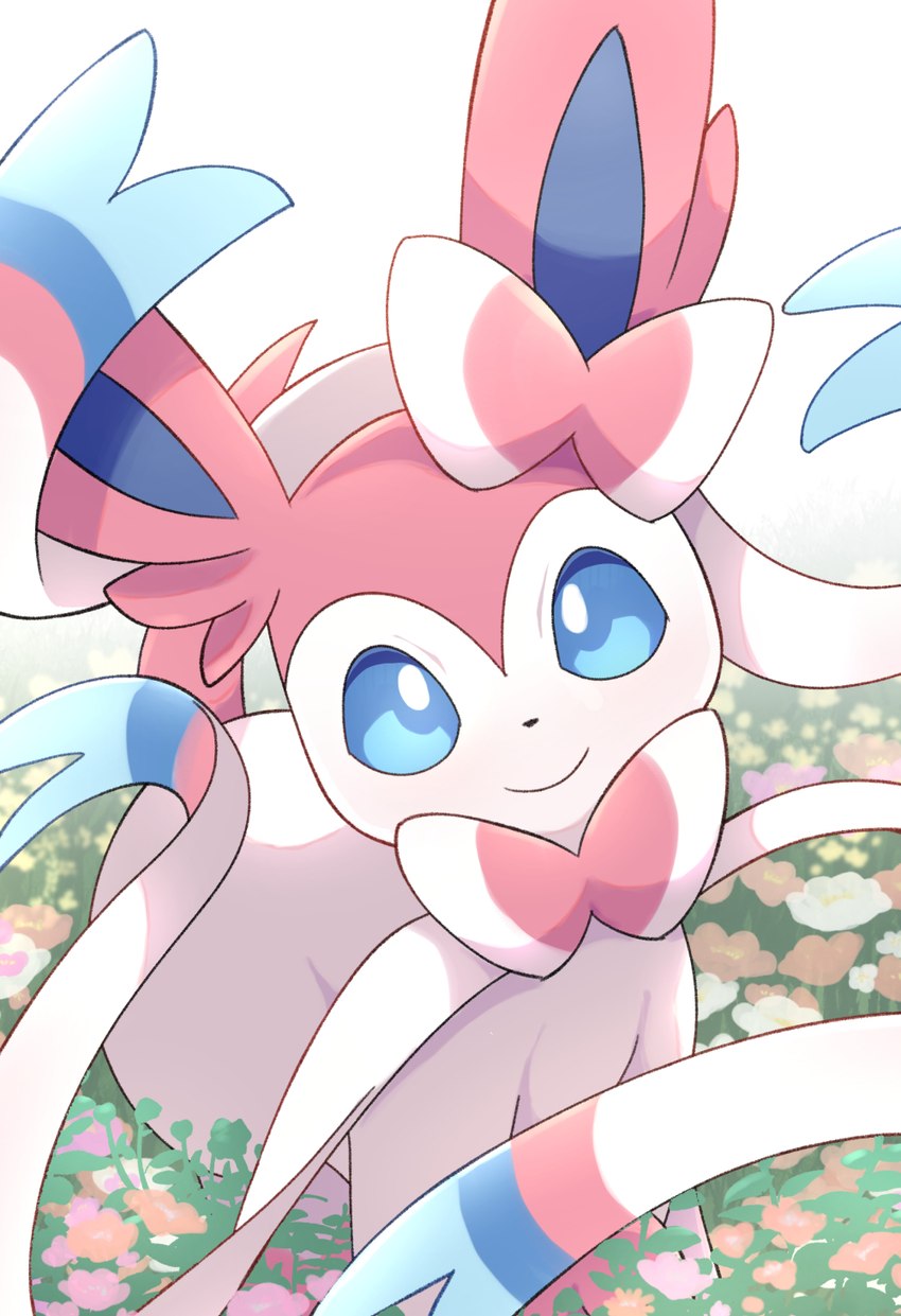 ambiguous_gender black_nose blue_body blue_eyes feral flower fur grass looking_at_viewer multicolored_body multicolored_fur pink_body pink_fur pink_tail plant quadruped simple_background smile smiling_at_viewer solo tail white_background white_body white_fur rumine nintendo pokemon eeveelution generation_6_pokemon pokemon_(species) sylveon hi_res