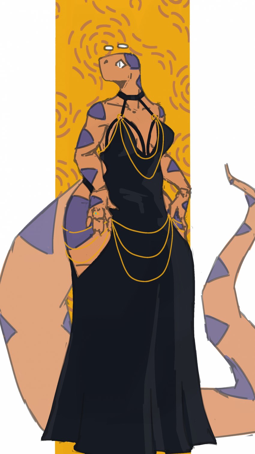 anthro breasts cleavage clothed clothing dress female long_tail markings orange_body solo spots spotted_body tail thick_tail thick_thighs thigh_window wide_hips zed-s hollow_hip_backless_chain_dress vanessa_(zed-s) burmese_python reptile scalie snake 2023 absurd_res digital_media_(artwork) hi_res