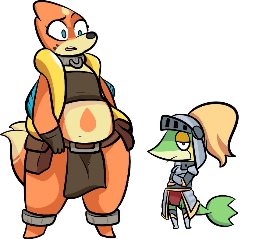 2_tails anthro armor biped blue_eyes clothed clothing cosplay crossed_arms crossover_cosplay duo female fingers fur gloves green_body green_skin green_tail handwear multi_tail open_mouth orange_body orange_fur orange_tail partially_clothed red_eyes simple_background standing tail teeth white_background squiddy62 nintendo pokemon aly_(simplifypm) amelia_(simplifypm) amelia_steelheart piko_(simplifypm) shelby_(simplifypm) floatzel generation_4_pokemon generation_5_pokemon pokemon_(species) snivy 2018 crossover