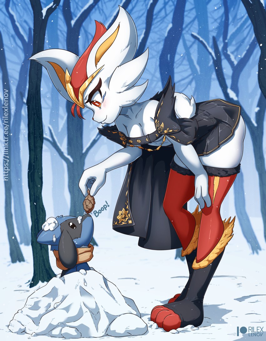 anthro biped blue_body blue_fur blush breasts clothed clothing detailed_background duo eyelashes female forest fur outside plant pupils side_view size_difference small_breasts smile snow thick_thighs tree under_boob white_body white_fur rilex_lenov nintendo pokemon cinderace generation_4_pokemon generation_8_pokemon pokemon_(species) riolu 2025 hi_res