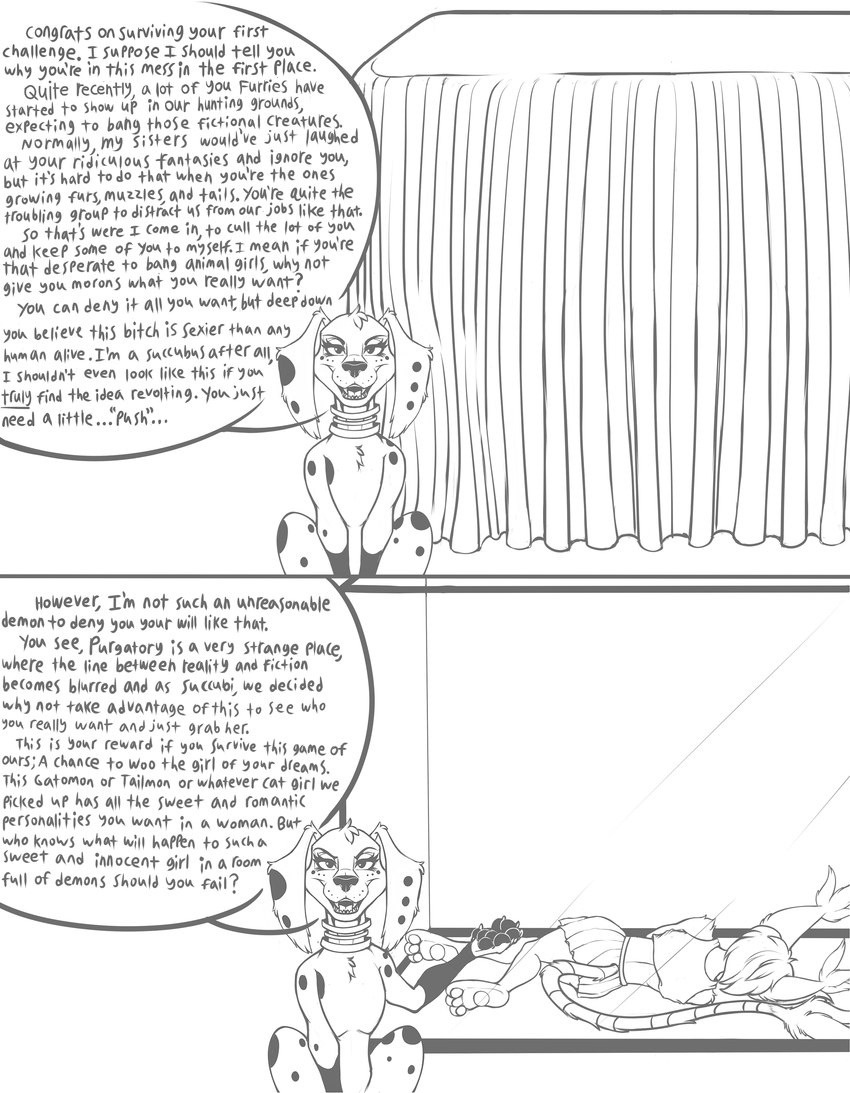 3_toes aged_up anthro asking asking_viewer asking_who asking_why asking_why_not barefoot behind_glass bottomwear cage caged clothing collar conditional curtains dialogue doppleganger ear_tuft explaining exposition fainted feet female feral floppy_ears fur glass glass_cage handpaw long_tail markings pawpads paws praise profanity question shirt skirt soles species_in_dialogue speech_bubble spots spotted_body spotted_fur striped_markings striped_tail stripes tail tail_markings tail_tuft talking_to_viewer tank_top taunting text text_emphasis threatening toes topwear tuft unconscious underline wall_of_text white_body marcushunter 101_dalmatian_street 101_dalmatians bandai_namco digimon disney the_succubus_hunt dolly_(101_dalmatians) leader_(the_succubus_hunt) meri_(gatomon_form) meri_(the_succubus_hunt) canid canine canis dalmatian digimon_(species) domestic_dog felid feline felis gatomon mammal succubus 2022 absurd_res comic english_text hi_res monochrome