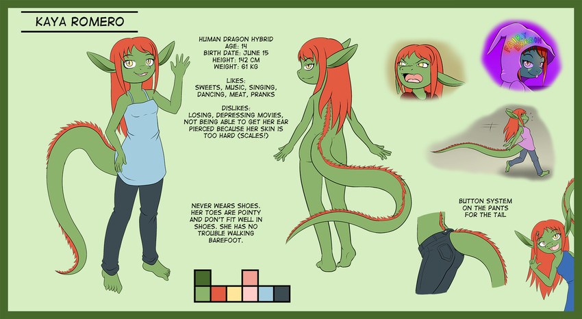 adolescent anthro clothed clothing color_swatch convenient_censorship dress female fully_clothed furgonomics green_body green_scales hair hoodie long_hair nude red_hair scales solo tail text topwear young robin_dassen mythology twin_dragons_(webcomic) kaya_(twin_dragons) dragon mythological_creature mythological_scalie scalie english_text hi_res model_sheet