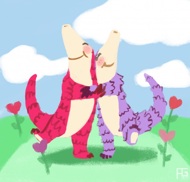 blush duo feral flower heart_symbol holidays hug long_snout outside plant snout onde.pingvin google google_doodle pangolin_love valentine's_day purple_(pangolin_love) red_(pangolin_love) mammal pangolin 2017 hi_res