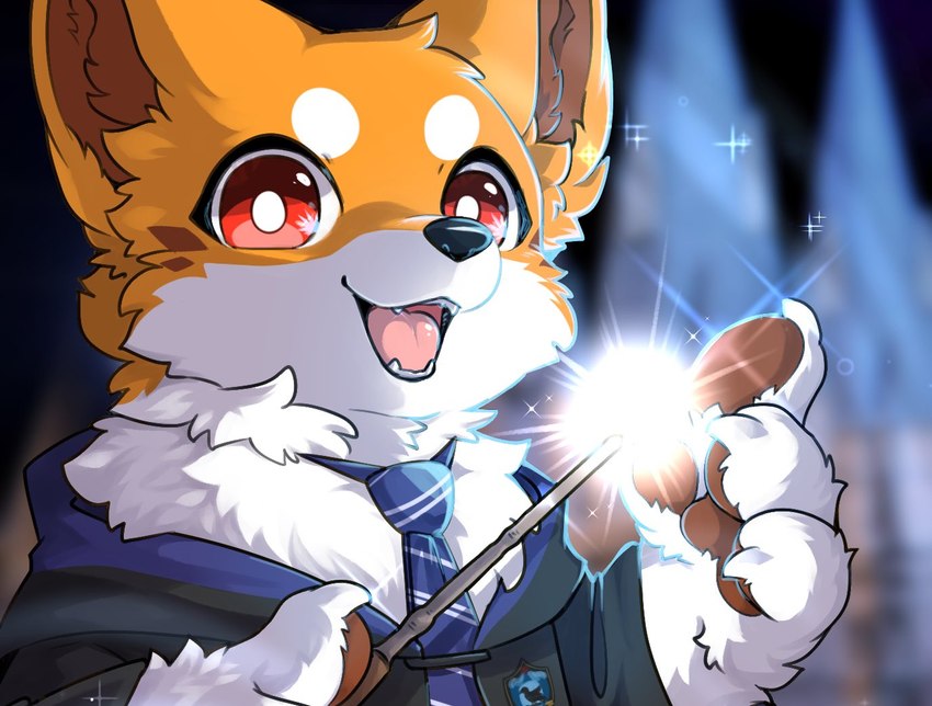 ambiguous_gender anthro black_nose brown_inner_ear_fluff brown_pawpads cheek_tuft clothing facial_markings facial_tuft fluffy fur head_markings hogwarts_uniform holding_object holding_wand inner_ear_fluff kemono looking_at_viewer magic magic_wand markings multicolored_body multicolored_fur necktie open_mouth orange_body orange_fur pawpads pink_tongue prick_ears ravenclaw red_eyes robe school_uniform semi-anthro solo teeth tongue tuft uniform wand white_body white_fur tsukune_minaga harry_potter_(series) kitsuneinu canid canine canis domestic_dog mammal 2024 digital_media_(artwork) shaded female_(lore)