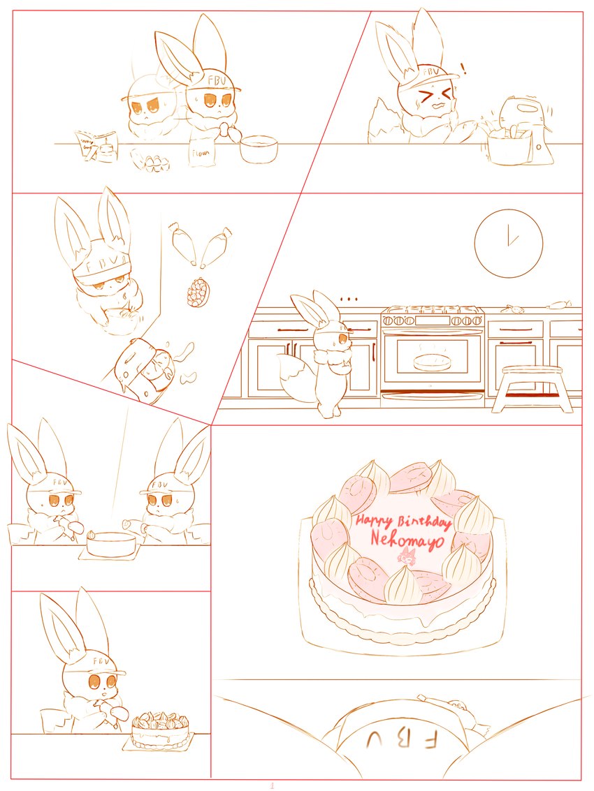 ambiguous_gender cake clothing cooking dessert duo feral food happy_birthday hat headgear headwear semi-anthro bmq fbi nintendo pokemon fbi_eevee eevee generation_1_pokemon pokemon_(species) 3:4 absurd_res hi_res