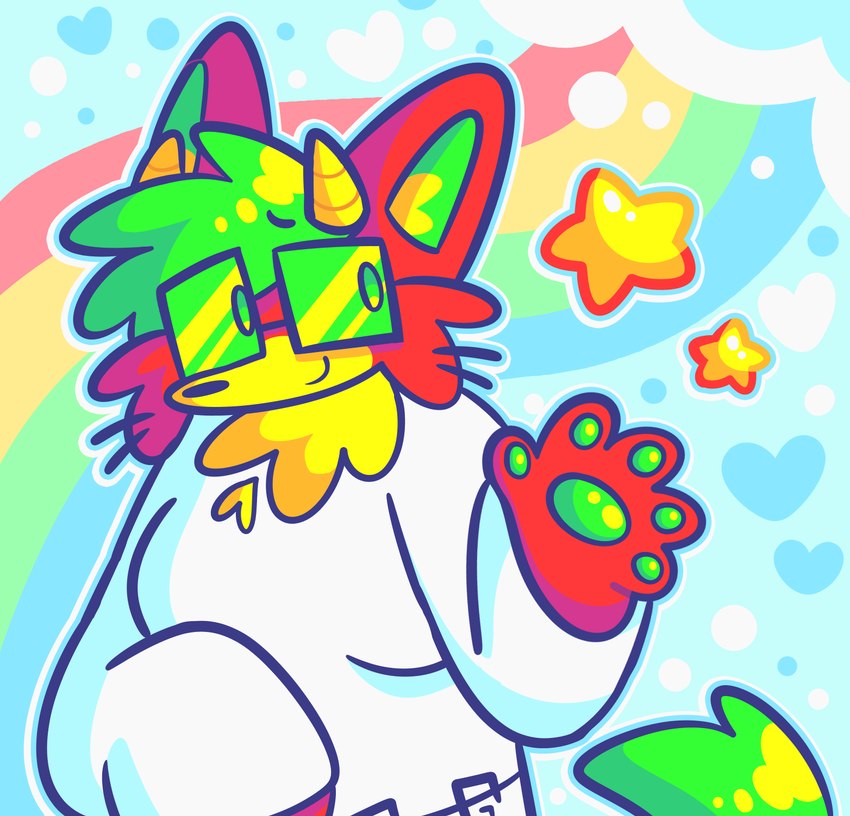 abstract_background anthro big_breasts breasts cheek_tuft clothed clothing cloud eyewear facial_tuft female fluffy fluffy_chest fully_clothed gesture glasses heart_symbol horn looking_aside pawpads rainbow rectangular_glasses smile solo standing star tail tuft waving whiskers furrysauce sparklecare jay_fortune anthry_(sparklecare) domestic_cat felid feline felis mammal 2025 hi_res nonbinary_(lore)