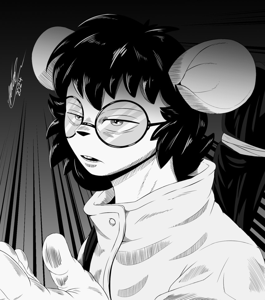 anthro clothing crossgender eyewear goggles looking_at_viewer male open_mouth solo white_clothing itisjoidok gwen_geek jujutsu_kaisen gwen_martin mammal mouse murid murine rodent hi_res monochrome