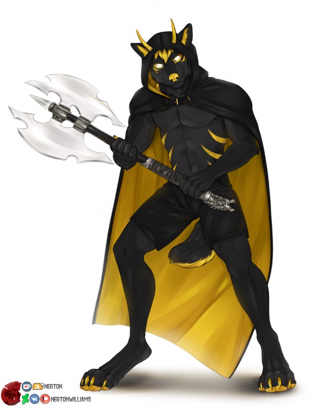 4_toes 5_fingers anthro biped digitigrade feet fingers holding_object holding_weapon looking_at_viewer male simple_background solo standing toes weapon white_background yellow_nose nerton canid canine canis hybrid mammal wolf 2019 absurd_res digital_media_(artwork) hi_res