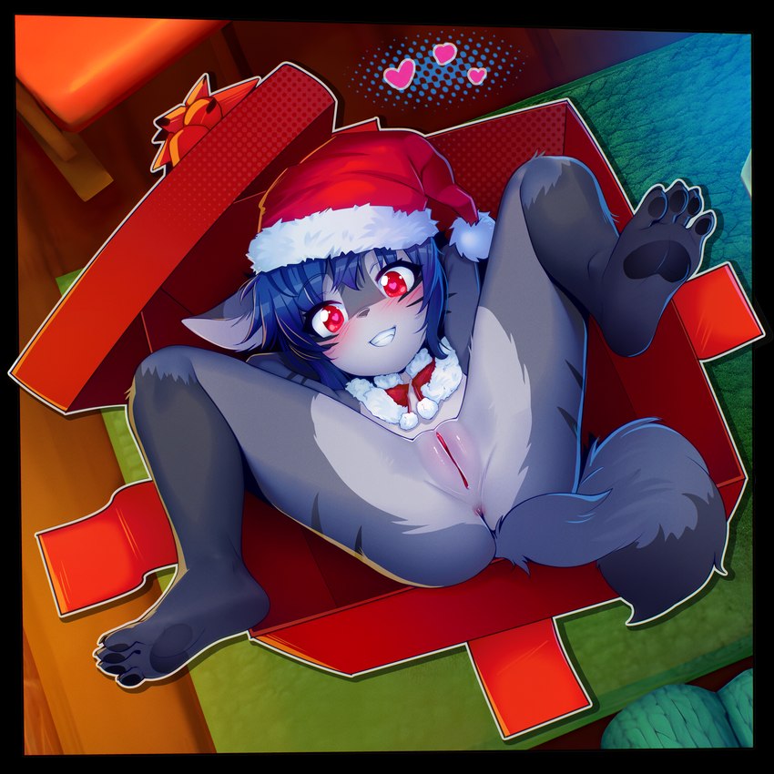 4_toes anthro anus bangs bent_legs biped black_markings black_pawpads black_tail_tip blue_eyebrows blue_hair blush blush_lines box butt christmas_clothing christmas_headwear clothing container countershade_crotch countershade_face countershade_fur countershade_legs countershade_torso countershading detailed_background dipstick_tail eyebrow_through_hair eyebrows feet female female_anthro foot_focus fur fur_markings fur_trim_(clothing) genitals gift_box grey_body grey_fur grey_nose grin grinning_at_viewer hair hat headgear headwear heart_pupils heart_symbol high-angle_view holidays humanoid_genitalia humanoid_pussy leg_markings loli looking_at_viewer lying markings mostly_nude mostly_nude_anthro mostly_nude_female multicolored_body multicolored_fur on_back pawpads pink_blush pink_pupils plantigrade plantigrade_pawpads presenting presenting_pussy pupils pussy red_clothing red_eyes red_hat red_headwear red_pussy santa_hat smile smiling_at_viewer socks_(marking) soles solo spread_legs spreading striped_body striped_fur striped_legs stripes tail tail_markings teeth toes translucent translucent_hair young young_anthro sicmop christmas domestic_cat felid feline felis mammal 1:1 absurd_res full-length_portrait hi_res portrait