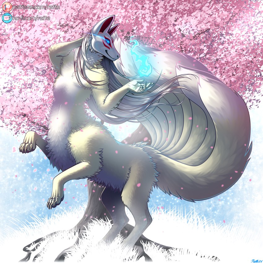 4_toes 5_fingers 9_tails anthro biped blue_eyes cherry_blossom cherry_blossom_tree cherry_tree claws detailed_background dipstick_tail feet finger_claws fingers flower fruit_tree fur hair hand_on_head ko-fi_logo long_hair magic male markings mask multi_tail multicolored_body multicolored_fur nude on_hind_legs patreon_logo plant prunus_(flower) quadruped solo tail tail_markings tan_body tan_fur tan_tail text toe_claws toes tree two_tone_body two_tone_fur two_tone_tail white_body white_fur white_hair conditional_dnp ratte asian_mythology east_asian_mythology japanese_mythology ko-fi mythology patreon canid canine fox mammal taur yokai 1:1 2024 digital_media_(artwork) hi_res signature url