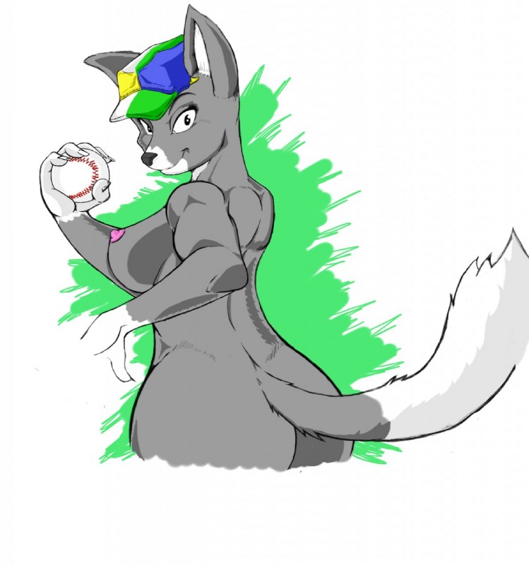 anthro ball baseball_(ball) breasts butt clothing female hat hat_only headgear headgear_only headwear headwear_only holding_ball holding_object looking_at_viewer mostly_nude nipples solo rheumatism canid canine canis mammal wolf hi_res