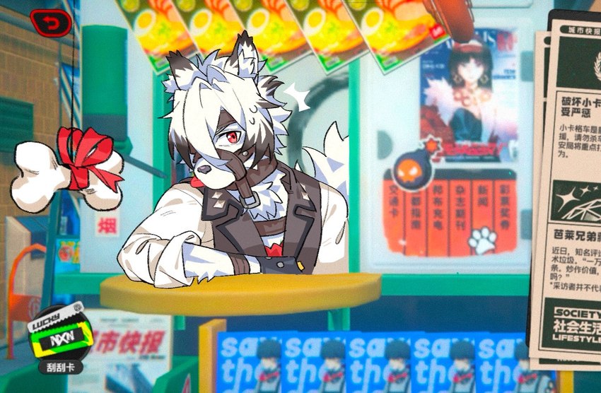 anthro bone clothing fur hair harness leather leather_harness looking_at_viewer male red_eyes screencap screencap_background shirt solo tail topwear vest white_body white_fur haru41113 mihoyo zenless_zone_zero von_lycaon canid canine canis mammal wolf 2024