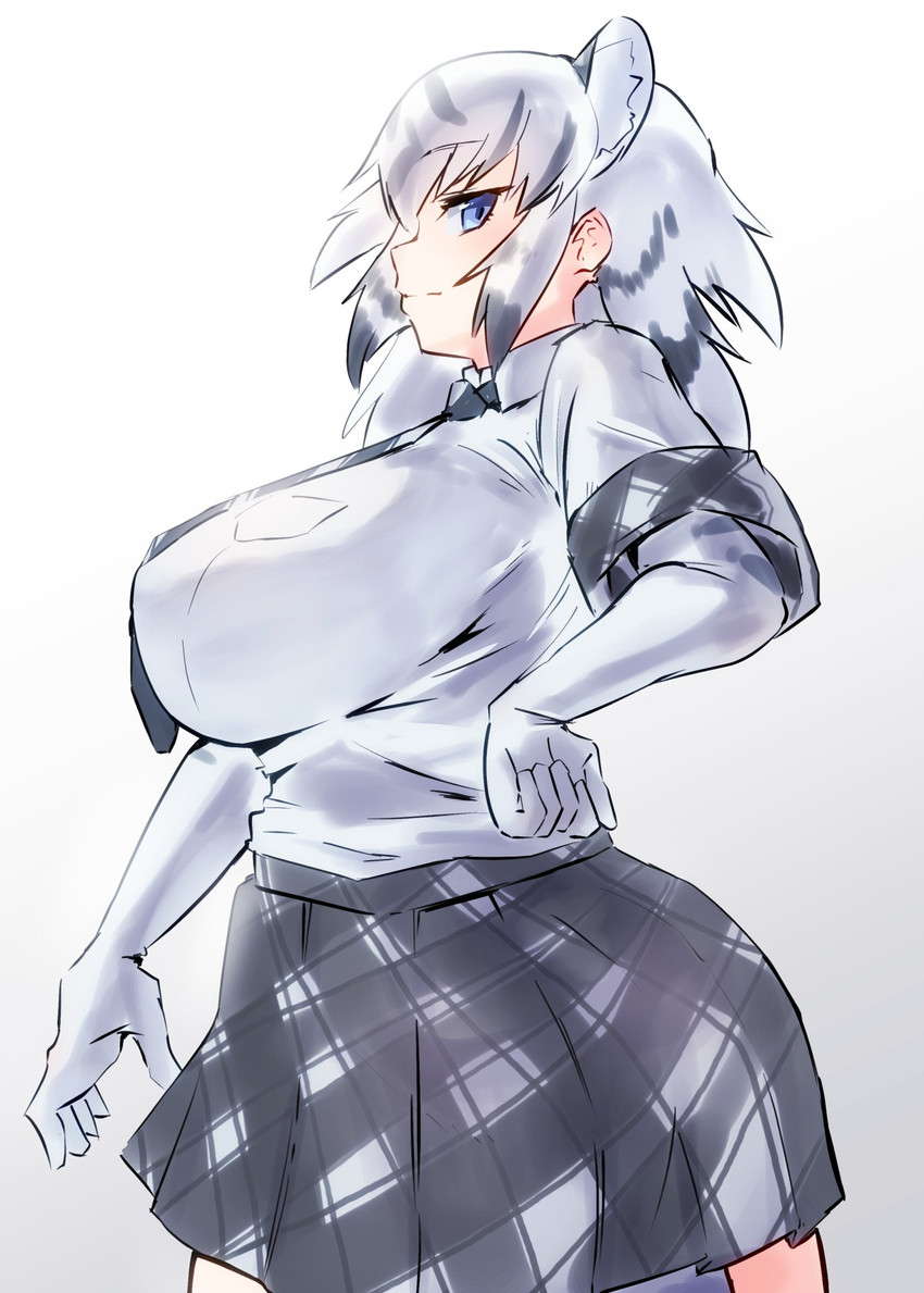 armwear big_breasts blue_eyes bottomwear breasts clothed clothing elbow_gloves female fully_clothed gloves hair handwear huge_breasts looking_at_viewer multi_ear necktie simple_background skirt solo standing white_hair osasimilli kemono_friends white_tiger_(kemono_friends) animal_humanoid felid felid_humanoid feline feline_humanoid humanoid mammal mammal_humanoid pantherine pantherine_humanoid tiger_humanoid hi_res