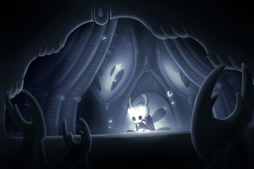 ambiguous_gender anthro audience carrying_another duo front_view group light_body light_skin ominous silhouette solo_focus standing young sad-ist hollow_knight team_cherry fan_character the_bright_prince_(driftstar) the_knight_(character) the_knight_(hollow_knight) arthropod insect vessel_(species)