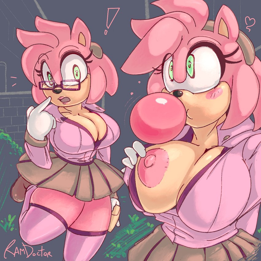 anthro big_breasts blowing_bubble_gum blush bottomwear breasts bubble bubble_gum candy cleavage clothed clothing dessert exclamation_point eyewear female food glasses gum heart_symbol inflating legwear nipples one_breast_out skirt solo thigh_highs ramdoctor sega sonic_the_hedgehog_(series) amy_rose eulipotyphlan hedgehog mammal 1:1 hi_res