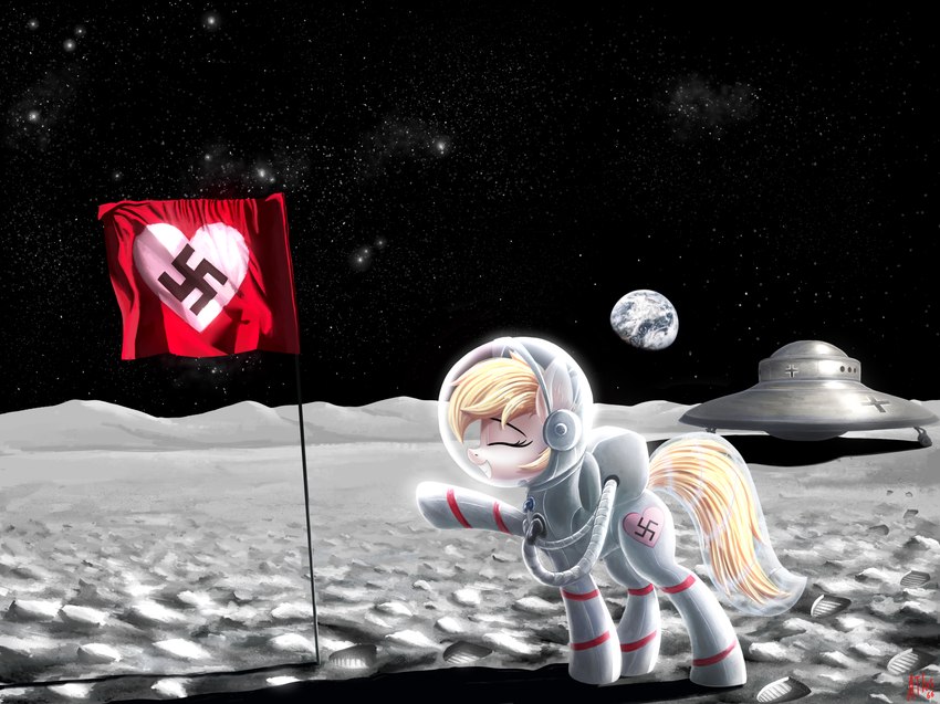 blonde_hair earth eyes_closed female feral flag flag_(object) flying_saucer gesture hair heart_flag heart_symbol moon nazi nazi_salute planet salute smile solo space spacecraft spacesuit star swastika ufo vehicle atlas-66 hasbro my_little_pony aryanne_(character) fan_character earth_pony equid equine horse mammal pony absurd_res hi_res