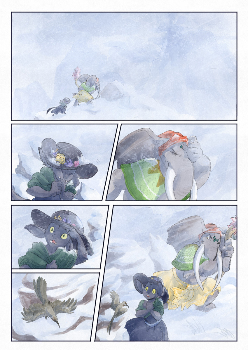 ambiguous_gender anthro biped black_body black_fur black_tail blizzard_(weather) clothed clothing day duo feral flower fog fur grey_body hat headgear headwear holding_object male outside plant proboscis_(anatomy) snow snowing tail trunk_(anatomy) bjekkergauken imbali_(bjekkergauken) isilo_(bjekkergauken) avian bird elephant elephantid mammal proboscidean unknown_species 2025 comic hi_res