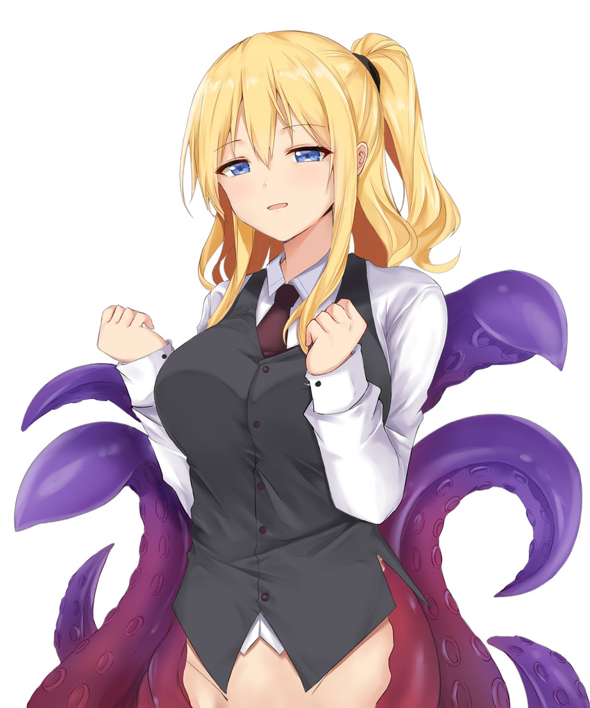 arms_above_head big_breasts black_clothing black_topwear black_vest blonde_hair blue_eyes breasts button_(fastener) clenched_hands clothing collared_shirt eyebrow_through_hair eyebrows female game_cg hair hair_between_eyes half-closed_eyes long_hair long_sleeves looking_at_viewer monster_girl_(genre) narrowed_eyes necktie open_mouth ponytail shirt side_ponytail sidelocks simple_background solo standing suction_cup tentacles topwear translucent translucent_hair vest white_background white_clothing white_shirt white_topwear dinosaurus_(azimangasaurus) existence nell_(existence) animal_humanoid cephalopod cephalopod_humanoid human humanoid mammal marine marine_humanoid mollusk mollusk_humanoid octopus_humanoid 5:6 absurd_res hi_res