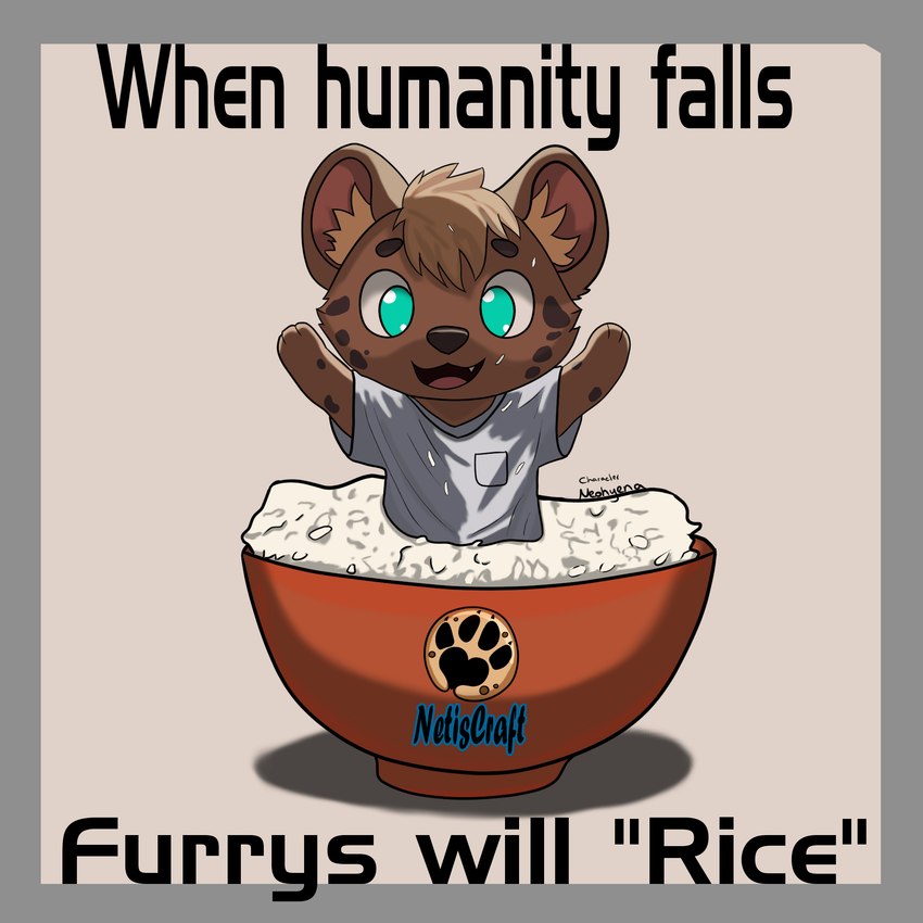 anthro bowl brown_body brown_fur chibi clothing container eyebrows featureless_hands food footprint fur green_eyes humor looking_at_viewer male markings partially_submerged pawprint pawprint_(marking) pun rice shirt solo spots spotted_body spotted_fur surprise text topwear white_clothing white_shirt white_topwear netiscraft hyena mammal 1:1 english_text hi_res meme