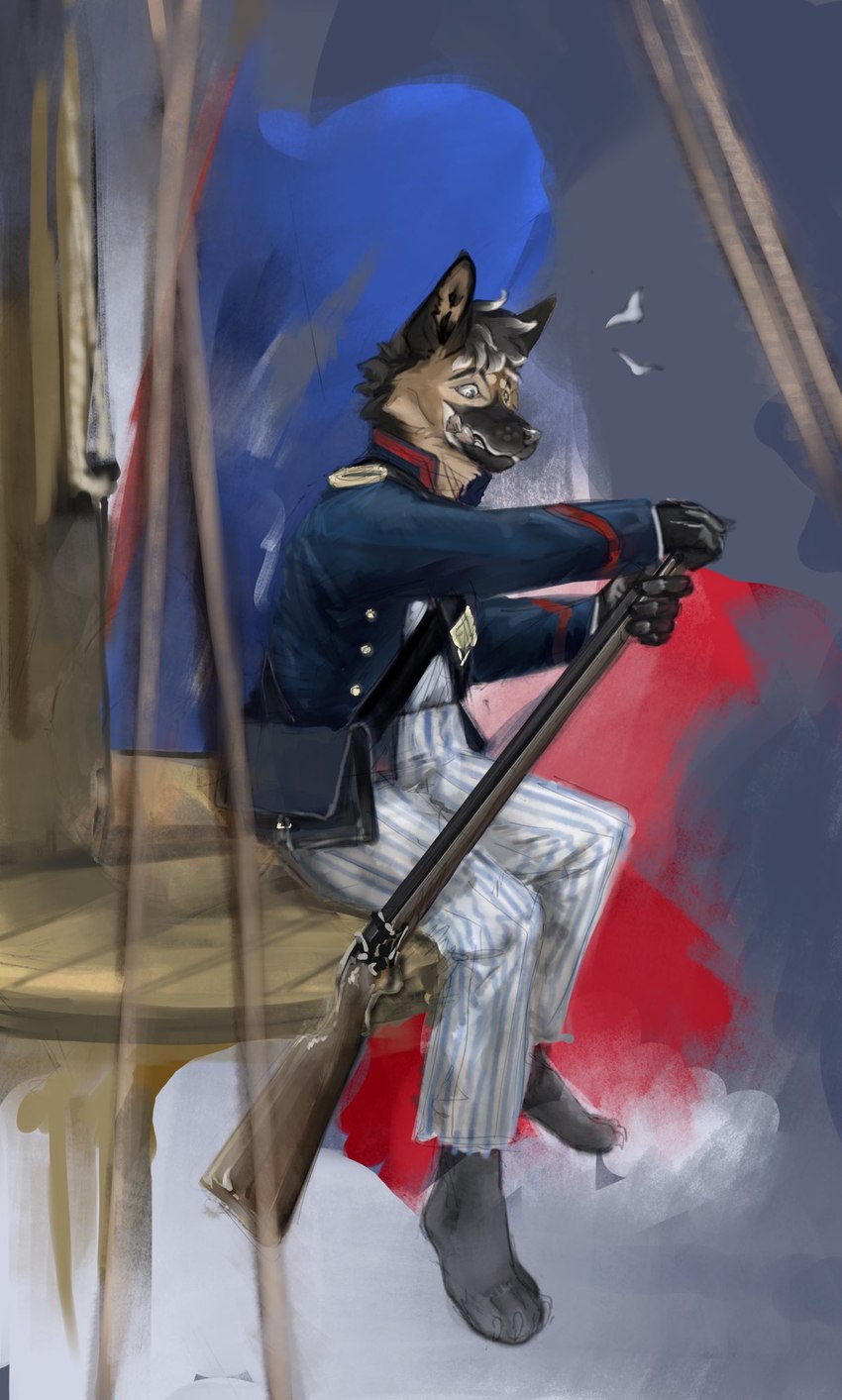 anthro clothing colonial_dress french_flag gun male military_uniform musket on_ship pouch_(clothing) ranged_weapon reloading rope sitting solo uniform weapon banoncat avian bird canid canine canis domestic_dog mammal 2023 hi_res