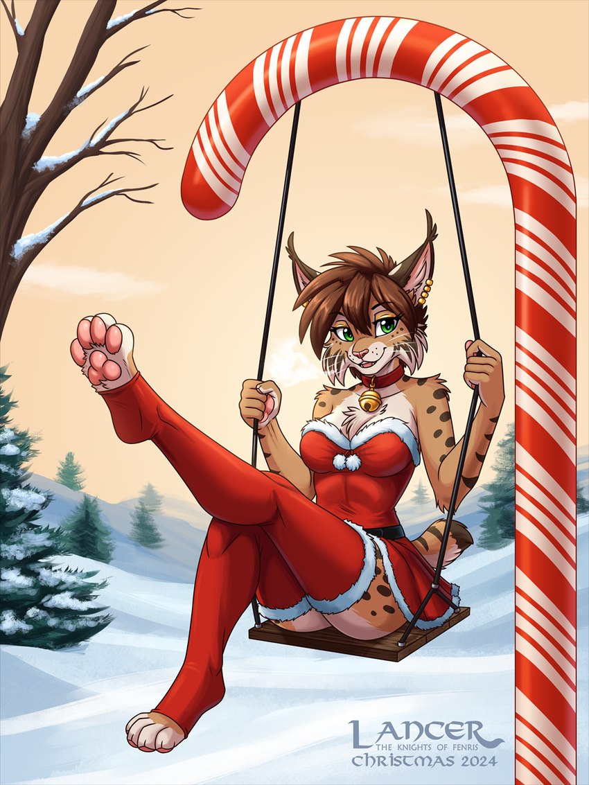 4_toes 5_fingers anthro bell bell_collar breasts brown_hair christmas_clothing clothed clothed_anthro clothed_female clothing collar dress feet female fingers fur hair hindpaw holidays humanoid_hands legwear markings multicolored_body multicolored_fur outside pawpads paws pink_pawpads snow solo spots spotted_body spotted_fur stockings swing tan_body tan_fur toes two_tone_body two_tone_fur white_body white_fur heresy_(artist) christmas lancer:_the_knights_of_fenris mika_fadeneir felid feline lynx mammal 2024 3:4 hi_res