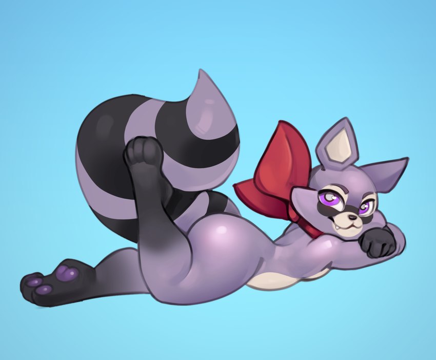 anthro big_butt big_tail butt fangs feet femboy legs_up looking_at_viewer lying male markings multicolored_body neckwear on_front one_fang pawpads paws purple_body purple_eyes raccoon_tail seductive simple_background smile solo striped_markings striped_tail stripes suggestive_pose tail tail_markings teeth toes sneakyracc indigo_park rambley_raccoon mammal procyonid raccoon hi_res