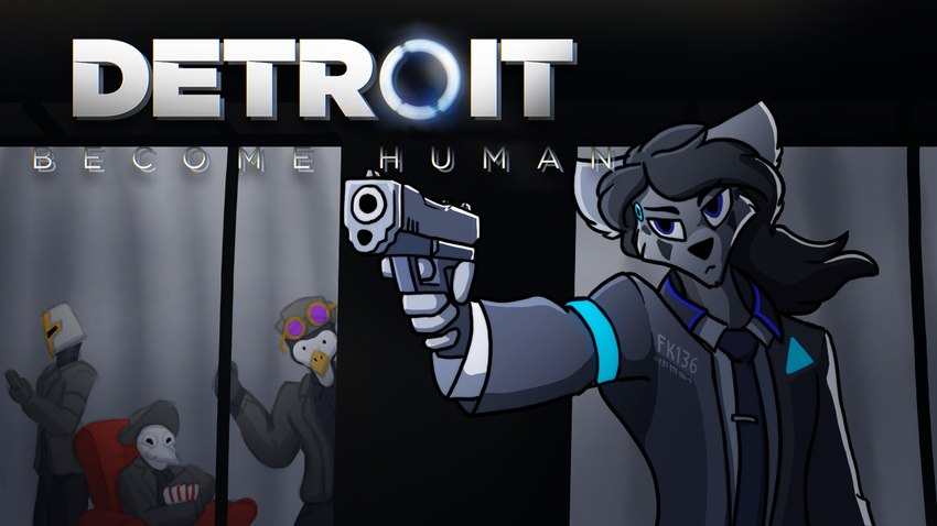 black_tie_(suit) chair clothing food furniture great_helm gun handgun machine male pistol plague_doctor popcorn ranged_weapon recliner suit templar text text_on_clothing weapon setriaphtfj detroit:_become_human connor_(detroit) kailun_setra unnamed_character android avian bird canid canine canis mammal penguin robot wolf