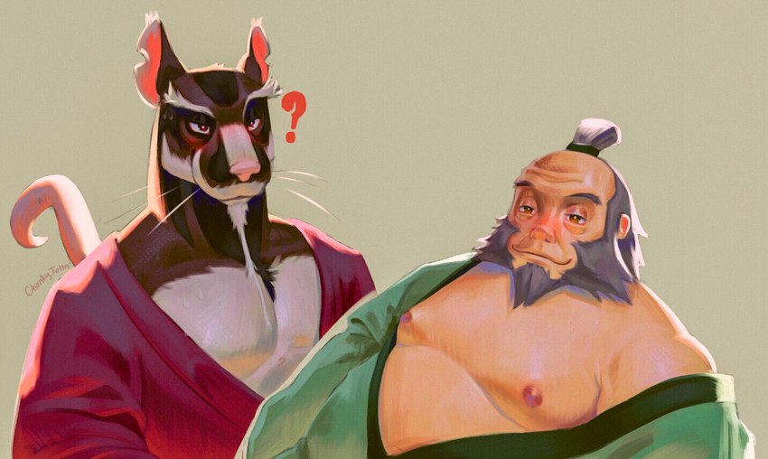 anthro asian_clothing beard belly big_belly blush clothed clothing duo east_asian_clothing facial_hair goatee half-closed_eyes japanese_clothing kimono male male/male mature_male moobs muscular muscular_anthro muscular_male narrowed_eyes nipples notched_ear open_clothing open_kimono pecs question_mark smile tail whiskers chonkyjohn avatar:_the_last_airbender nickelodeon teenage_mutant_ninja_turtles teenage_mutant_ninja_turtles_(2012) iroh master_splinter human mammal murid murine rat rodent crossover