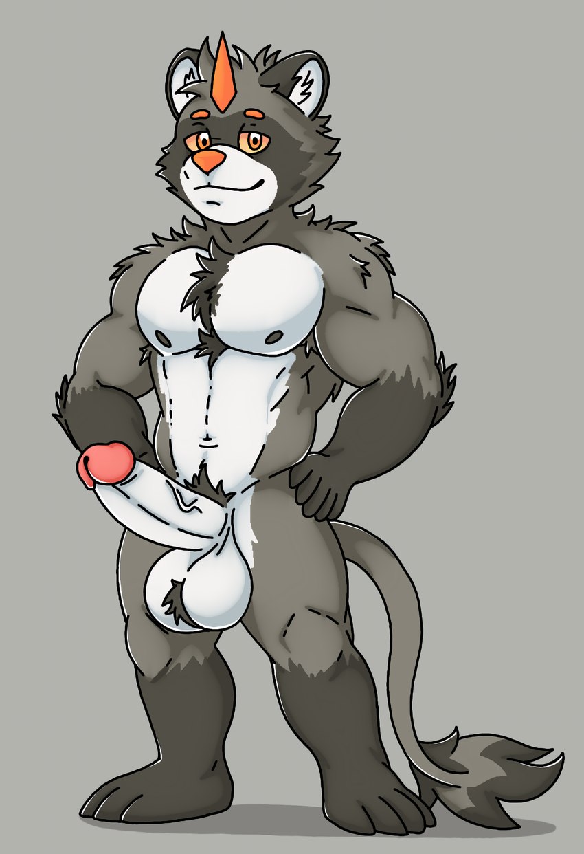 abs anthro ball_tuft balls barazoku belly biceps big_balls big_chest big_penis black_body black_fur body_hair chest_fur chest_hair chest_tuft erection eyebrows fur genitals glans grey_body grey_fur hand_on_hip horn humanoid_genitalia humanoid_penis looking_at_viewer male muscular muscular_anthro muscular_male navel nipples nude nude_anthro nude_male orange_eyebrows orange_eyes orange_horn orange_nose pecs penis pink_glans pubes simple_background solo tuft urethra vein veiny_penis white_belly white_face yellow_sclera rjquaty mythology the_non_raccoon dulka_(the_non_raccoon) dragon hybrid kirin mammal mythological_creature mythological_scalie procyonid raccoon scalie absurd_res full-length_portrait hi_res portrait