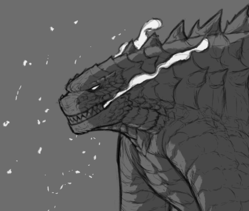 back_plates back_spikes battle breath_powers embers feral fire_from_mouth gills male scales sharp_teeth simple_background solo spikes spikes_(anatomy) teeth mr_dinobutt godzilla_(series) monsterverse toho godzilla kaiju greyscale monochrome