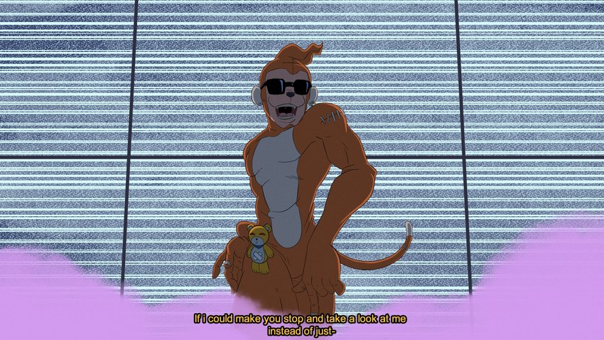 anthro eyewear male muscular muscular_anthro muscular_male pecs plushie screencap_redraw solo sunglasses text goichimonji bandai_namco digimon disney goof_troop digimon_(species) etemon haplorhine mammal monkey monzaemon primate 16:9 english_text hi_res widescreen