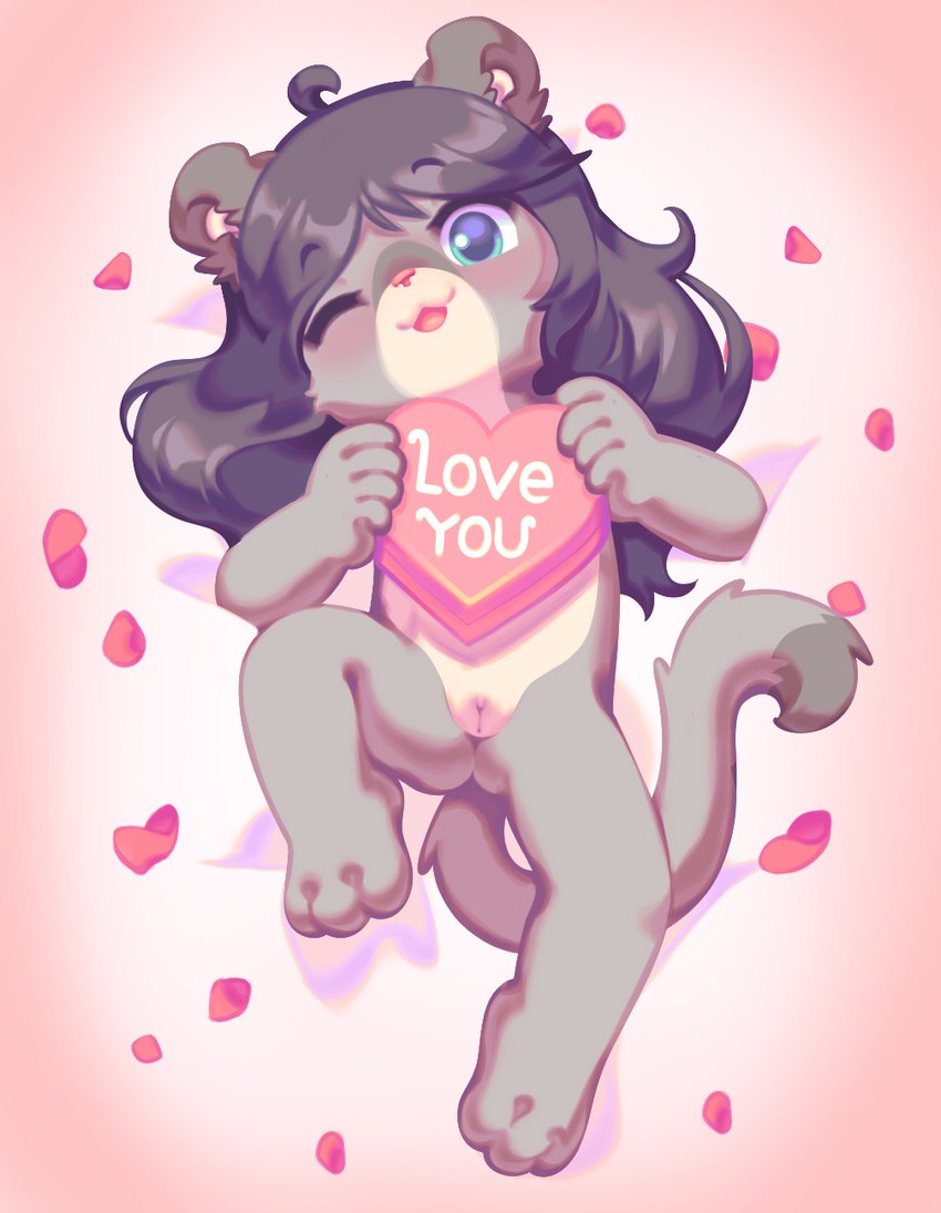 anthro black_hair blue_eyes blush butt clitoris female fur genitals grey_body grey_fur hair heart_symbol holding_object long_hair looking_at_viewer nude one_eye_closed petals plant pussy rose_petals seductive smile solo spread_legs spreading tail text toddler wink young young_anthro tedd77 savannah_(pumapaws) cougar felid feline mammal 2023 digital_media_(artwork) hi_res