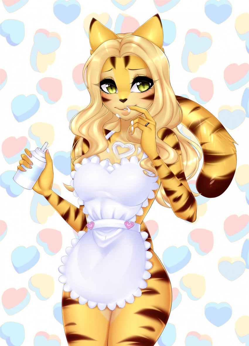 anthro blonde_hair blush breasts cleavage clothed clothing curvy_figure digit_ring female green_eyes hair heart_background heart_symbol hourglass_figure jewelry ring simple_background smile solo stripes wedding_ring yonachka_doki kara_(furryneko) felid mammal pantherine tiger digital_media_(artwork) hi_res