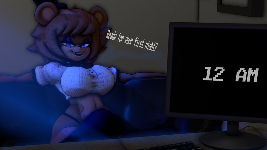 anthro bedroom_eyes big_breasts blue_eyes breasts brown_body clock clothed clothing computer crossed_legs crossgender desk dialogue digital_clock electronics female furniture hat headgear headwear inside keyboard machine mtf_crossgender narrowed_eyes night partially_clothed screen seductive smile sofa solo speech_bubble table text thick_thighs time leafytheleafer cally3d_models five_nights_at_freddy's fredina's_nightclub scottgames freddy_(fnaf) fredina_(cally3d) animatronic bear mammal robot 16:9 2023 3d_(artwork) digital_media_(artwork) english_text hi_res widescreen