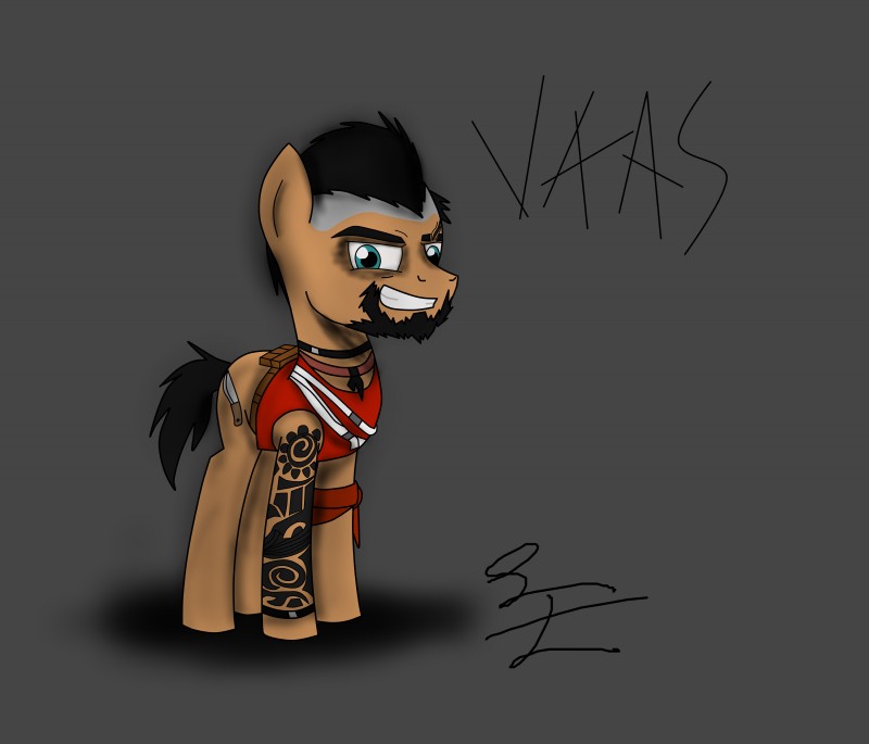 beard black_hair facial_hair feral hair looking_at_viewer male quadruped simple_background solo tail tattoo lbfable far_cry far_cry_3 hasbro my_little_pony ubisoft vaas_montenegro equid equine horse mammal absurd_res hi_res