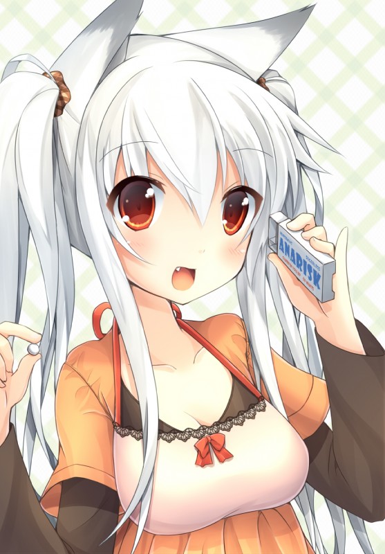 big_breasts blush breasts candy cleavage clothed clothing collarbone dessert fangs female food hair halterneck looking_at_viewer pigtails red_eyes smile solo teeth white_hair snowfly3141 shi-chan_(oruton) animal_humanoid canid canid_humanoid canine canine_humanoid canis humanoid mammal mammal_humanoid wolf wolf_humanoid half-length_portrait hi_res portrait