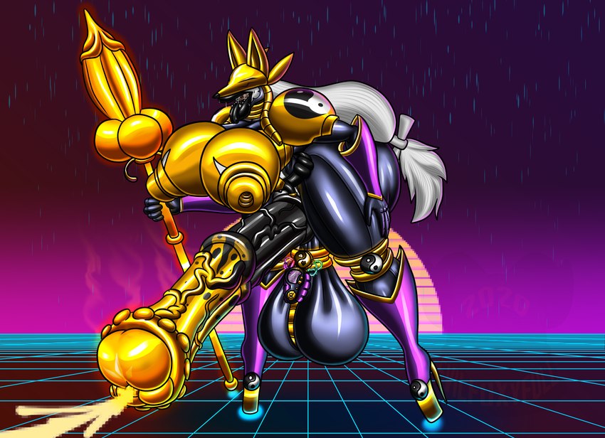 animal_genitalia animal_mask animal_penis anthro armor balls big_balls big_butt big_penis black_armor black_lips black_penis black_tongue blue_background bodily_fluids boots breasts butt clothing cum ejaculation equine_genitalia equine_penis footwear fox_mask genital_fluids genitals gold_(metal) gold_armor gold_dildo gold_helmet gynomorph hair headgear helmet high_heels holding_object holding_weapon huge_balls huge_butt huge_penis hyper hyper_balls hyper_butt hyper_genitalia hyper_lips hyper_penis intersex latex lips long_hair mask metal_boots metal_gloves metal_helmet open_mouth penis pixels purple_armor purple_background purple_boots purple_clothing purple_footwear raining shoes simple_background solo staff sun thick_lips tongue tongue_out weapon white_hair yellow_penis yin_yang evilfoxyfull bandai_namco digimon jess_(evilfoxyfull) bear digimon_(species) giant_panda mammal sakuyamon digital_drawing_(artwork) digital_media_(artwork) hi_res