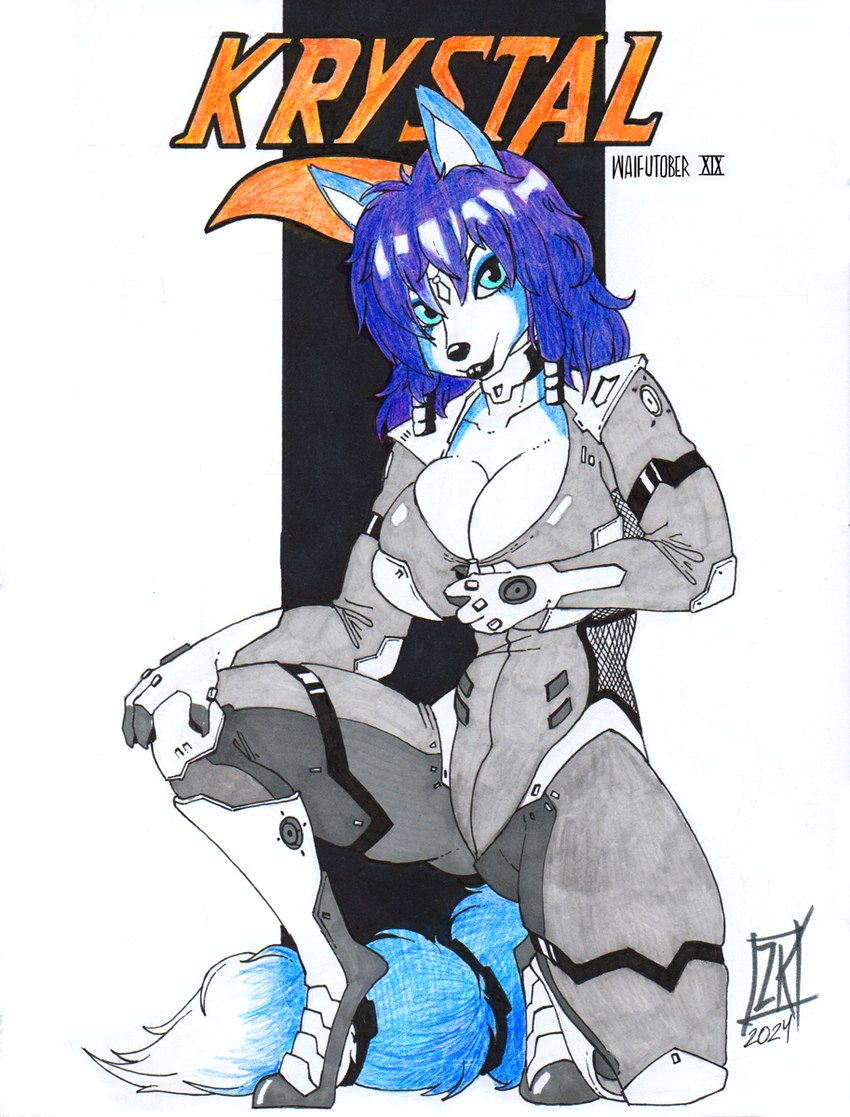 anthro big_breasts blue_body blue_eyes blue_fur blue_hair breasts cleavage clothed clothing crouching female fur hair multicolored_hair purple_hair skintight_suit solo tight_clothing two_tone_hair zipper zwitterkitsune nintendo star_fox krystal_(star_fox) canid canine fox mammal colored_pencil_(artwork) hi_res marker_(artwork) traditional_media_(artwork)