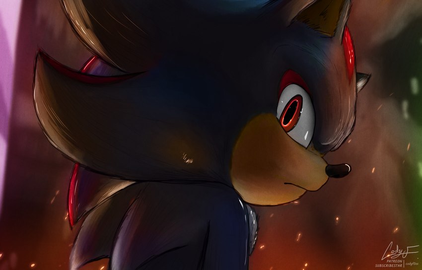 black_body city city_background city_lights looking_at_viewer looking_back male quills_(anatomy) red_eyes smoke codyf0xx sega sonic_the_hedgehog_(series) shadow_the_hedgehog eulipotyphlan hedgehog mammal hi_res painting_(artwork)