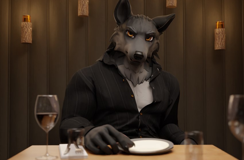 5_fingers angry anthro arm_on_table beverage black_clothing black_suit clothed clothing container cup cutlery date date_pov dinner dinner_date dinner_table drinking_glass eyebrows fingers fork fur gentleman glass glass_container glass_cup grey_body grey_fur impatient kitchen_utensils knife looking_at_viewer male open_clothing open_topwear orange_eyes restaurant romantic solo stare suit teeth tools topwear edef yan_wiah heat_(vr_game) garret_(heat) canid canine canis mammal wolf 3d_(artwork) digital_media_(artwork) hi_res