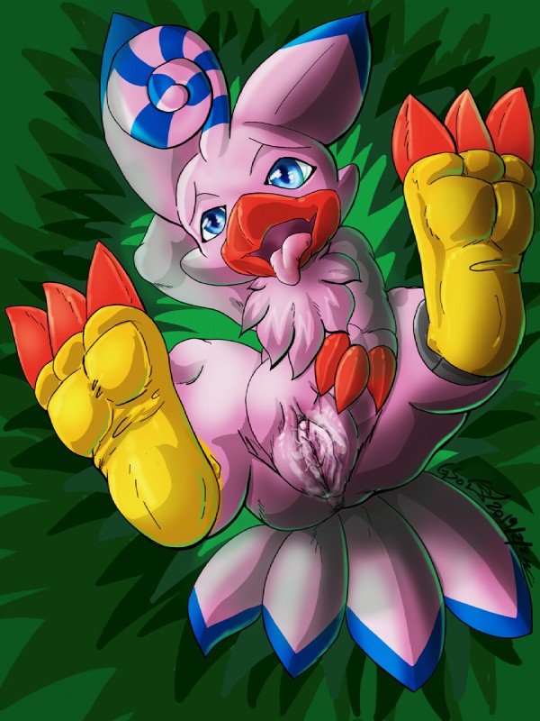 after_masturbation anthro beak blue_eyes blush bodily_fluids claws feathers feet female genital_fluids genitals lying on_back open_mouth pussy simple_background smile soles solo tongue tongue_out vaginal_fluids winged_arms wings gs-fox bandai_namco digimon avian bird biyomon digimon_(species) 3:4 hi_res