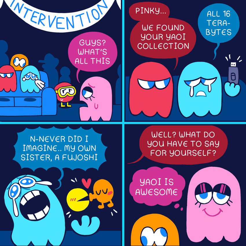 3_fingers 4_panel_comic ambiguous_gender asking asking_another banner blue_clothing blue_eyelids blue_eyes blue_hat blue_headwear blue_line_art blue_mouth blue_sofa blush blush_lines bodily_fluids chair cloth clothing computer_monitor crying derp_eyes dialogue electronics eye_contact eyelashes eyeless eyes_closed eyewear featureless_feet feet female fingers floating_hands frown furniture furrowed_brow goggles group half-closed_eyes happy hat headgear headwear heart_symbol holding_object holding_usb inside interspecies intervention kiss_on_lips light limbless looking_at_another looking_at_cellphone looking_at_object looking_at_phone male male_human mouthless name_drop name_in_dialogue narrowed_eyes nervous nervous_sweat no_pupils noseless not_furry_focus number office_chair on_chair onomatopoeia open_frown open_mouth open_smile orange_body phone pink_body pink_line_art question_mark red_body red_skin sad silhouetted_body smile sofa sound_effects sparkles sparkling_eyes speech_bubble supporting sweat sweatdrop talking_to_another tears tears_of_desperation teeth text thinking thought_bubble usb white_mouth yelling yelling_at_another yellow_eyewear yellow_goggles tanookitalez dig_dug mario_bros nintendo pac-man_(series) q-bert blinky_(pac-man) clyde_(pac-man) inky_(pac-man) mario pac-man pinky_(pac-man) q-bert_(character) ghost human mammal pac-person pooka_(dig_dug) spirit waddling_head 1:1 2022 colored colored_line_art comic digital_media_(artwork) english_description english_text hi_res japanese_text lighting brother_(lore) brother_and_sister_(lore) sibling_(lore) sister_(lore)