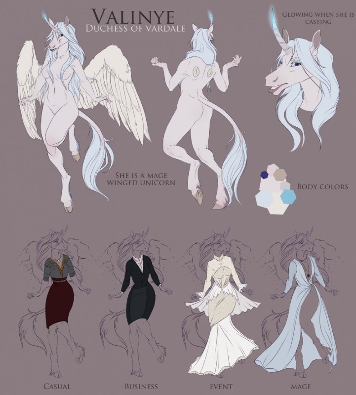 blue_eyes clothing color_swatch feathered_wings feathers female hooves horn jewelry solo white_body white_feathers wings adeloo mythology valinye equid equine mammal mythological_creature mythological_equine winged_unicorn digital_media_(artwork) full-length_portrait hi_res model_sheet portrait