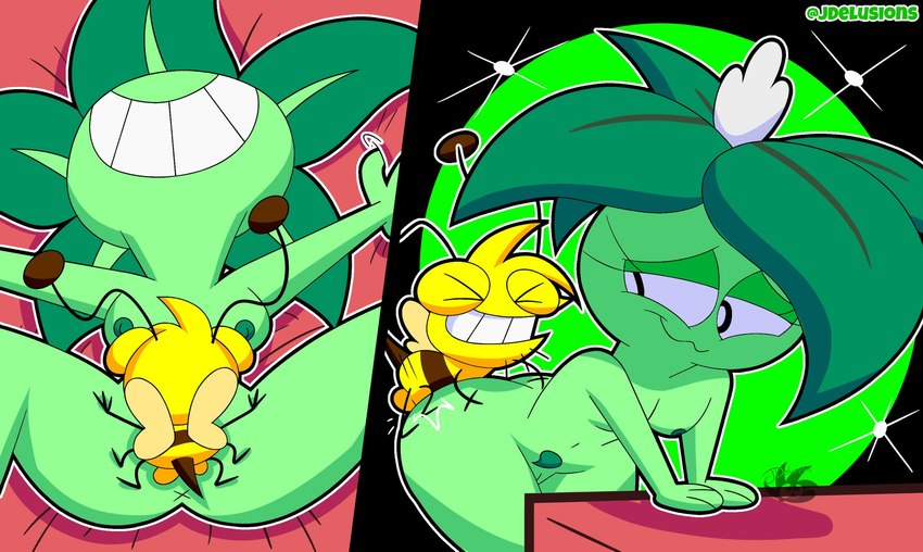antennae_(anatomy) anthro anus balls breasts butt duo eyelashes female genitals googie_aesthetic green_body green_hair green_nipples hair male male/female navel nipples nude penetration plant pubes pussy sex simple_background size_difference smile white_eyes yellow_body jdone electronic_arts plants_vs._zombies popcap_games blibby_(jdone) umi_(jdone) arthropod bee elemental_creature elemental_humanoid flora_fauna humanoid hymenopteran insect plant_humanoid umbrella_leaf_(pvz) 2025 digital_media_(artwork) hi_res